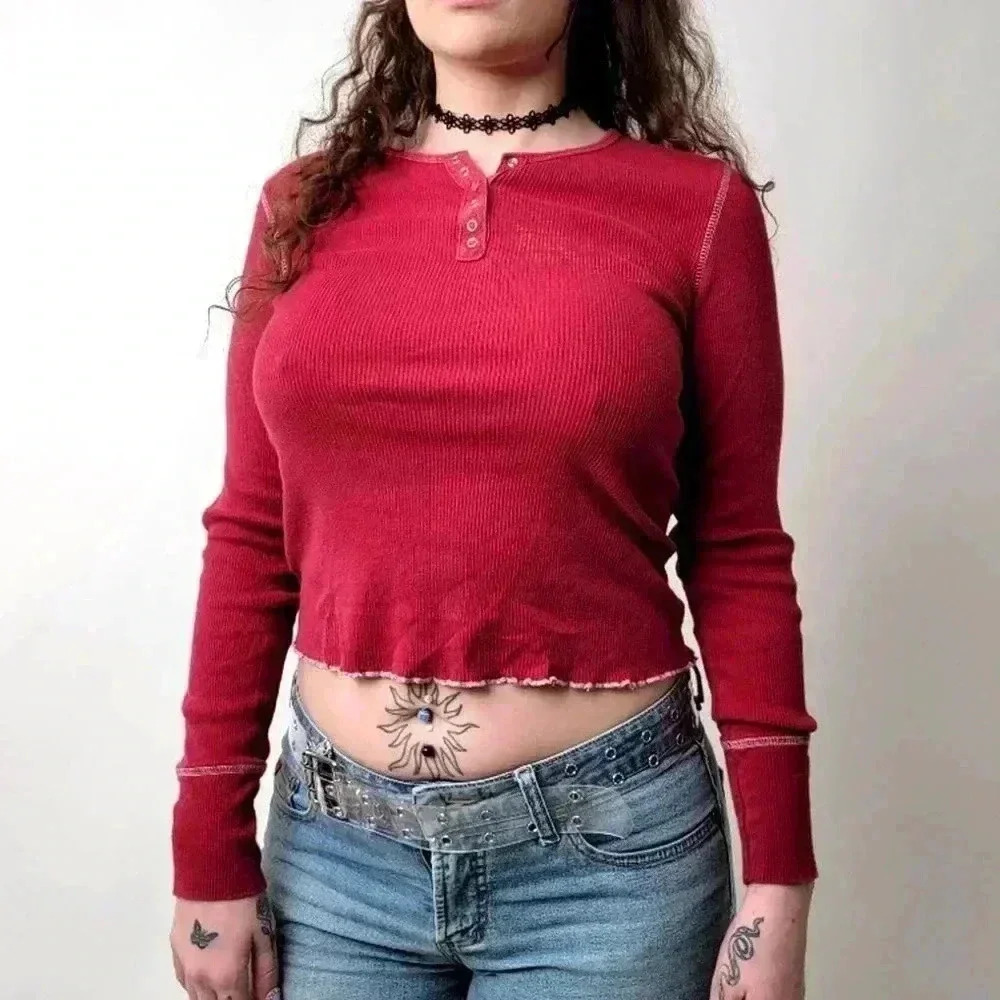 Vintage Y2K Cropped Frilly Long Sleeve Tee Shirt - L - Picture 4 of 7